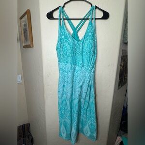 Athleta Teal Paisley Strappy Back Midi Dress Built In Bra Medium Boho Beach